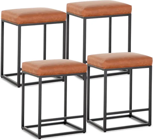 Vista 3 de Juego de 4 taburetes de bar marrones para encimera de cocina, taburetes de bar modernos sin espalda de 24 pulgadas, taburetes de bar industriales