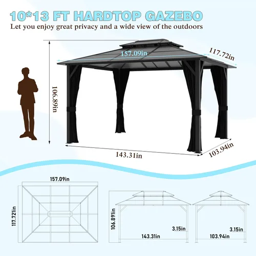 Vista 2 de MUPATER Gazebo de policarbonato de 10 x 13 pies con marco de aluminio, cenador de patio de doble techo, pabellón permanente al aire libre con red a