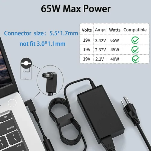 Vista 7 de Cargador para portátil N19C3 65W 45W 0.2x0.1 in compatible con Acer Aspire