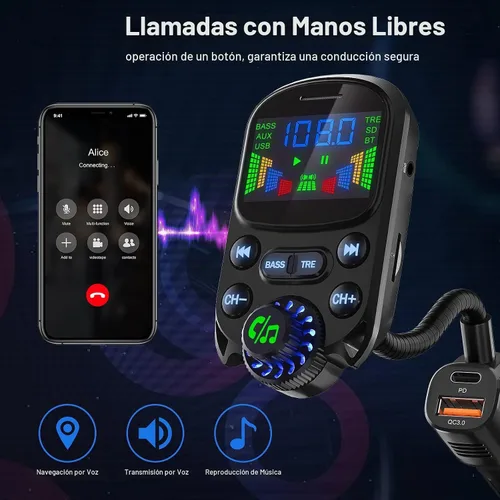 Vista 4 de Transmisor FM Bluetooth 5.3 para coche SOARUN Adaptador Bluetooth para automóvil PD30W y puerto USB, carga rápida, reproductor de agudos y graves