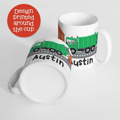 Vista 4 de Taza de camión de basura personalizada para niños con nombre del niño, taza irrompible de camión de basura, apta para lavavajillas y sin BPA