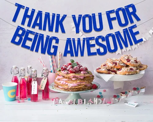 Vista 5 de Cartel de agradecimiento por ser impresionante con purpurina azul, pancarta con texto en inglés "We Will Miss You", cumpleaños, para jubilación