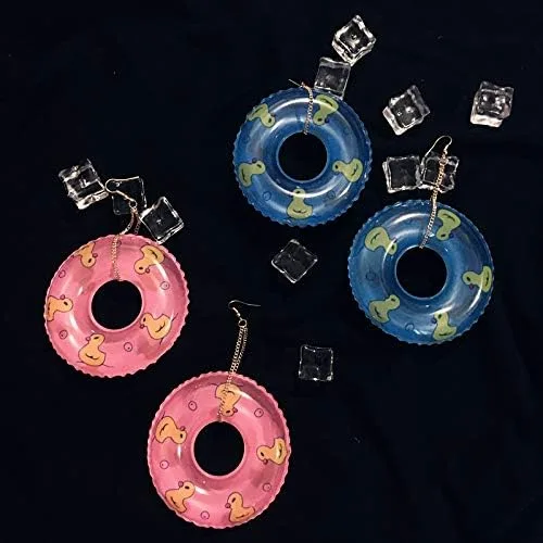 Vista 7 de Pendientes de anillo de natación ligeros con círculo punk y pato, bonitos aretes de verano para fiestas en la piscina, para mujeres y niñas, joyería