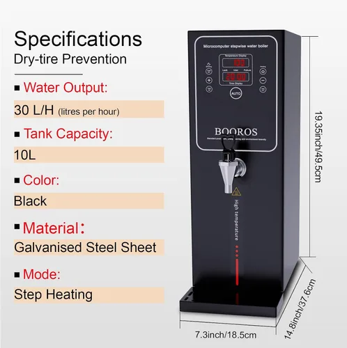 Vista 2 de BOOROS Caldera de agua comercial de 10 L, dispensador de agua caliente negro, dispensador de agua caliente comercial de 1500 W, 30 L (7.9 galones)