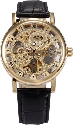 Vista 2 de Reloj de pulsera mecánico para hombre, correa de cuero con cuerda de esqueleto, Oro, Mecánico
