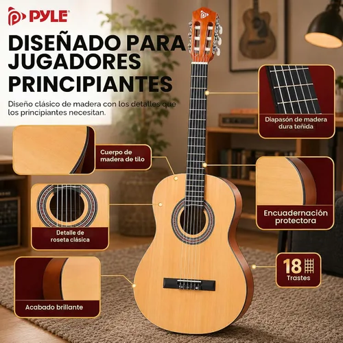 Vista 5 de Kit de guitarra acústica para principiantes Pyle, tamaño junior 3/4, instrumento completamente de madera con kit completo de accesorios, púas
