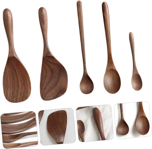Vista 7 de SHERCHPRY Juego de 5 cucharas de madera de nogal negro para servir, cucharón de arroz con miel, herramienta de cocina