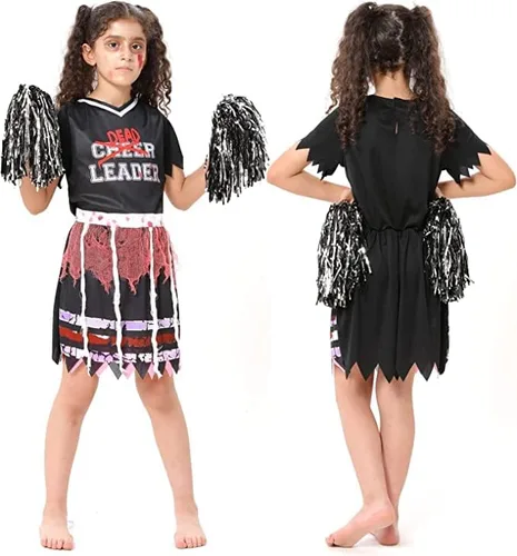 Vista 3 de AGCary Disfraz de líder muerto de Halloween para niñas disfraz de zombi de animadora de líder del miedo para fiesta de Halloween pompones y cosplay