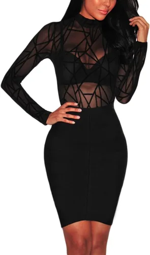 Vista 3 de JomeDesign Women Black Sheer Mesh Long Sleeve Jumpsuit Bodysuits Clubwear