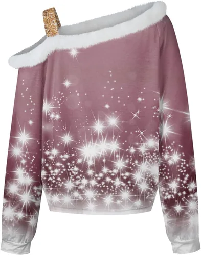Vista 2 de GIANTHONG Sudadera de Navidad para mujer, estilo casual, cuello de piel, ropa de invierno, camisas de manga larga, blusas tipo túnica