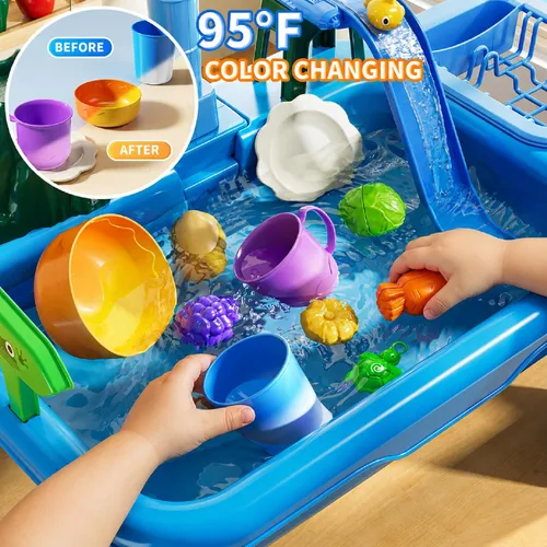 Vista 2 de Mesa de Agua para Niños Pequeños 1-3 - Fregadero de Juego para Niños con Bomba y Agua Corriente, Mesa de Agua para Niños de 4-8 Años