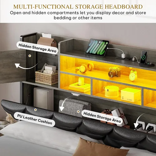 Vista 5 de DWVO Queen Size Bed Frame with RGB LED Lights & Storage Bookcase Headboard Upholstered Bed with Charging Station and 4 Drawers, No Box Spring