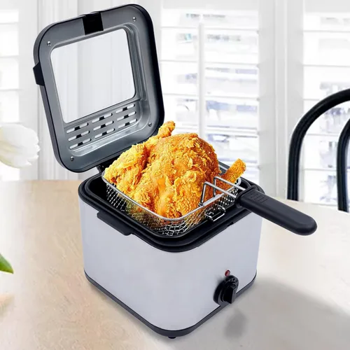 Vista 2 de Freidora eléctrica, freidora de acero inoxidable para uso comercial y doméstico, capacidad de aceite de 2.5 L, termostato ajustable con cesta