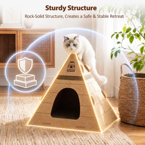 Vista 3 de Cueva para gatos, diseño piramidal de fieltro para gatos de interior Scratch-Resistant & Foldable Cat House, Calming Sleeping Hideaway, Pharaoh