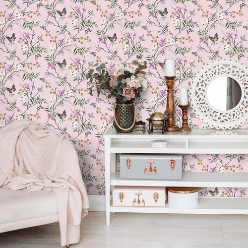 Vista 2 de VEELIKE Papel tapiz de estilo chinoiserie rosa con diseño de mariposas para dormitorio, habitación de niñas, 17.7 x 118 pulgadas, papel de contacto