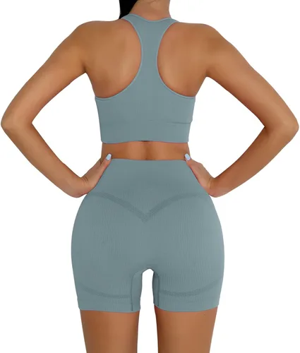Vista 2 de DADAB Conjuntos de entrenamiento de dos piezas para mujer, ropa de gimnasio, yoga, sin costuras, espalda cruzada, brasier deportivo con pantalones