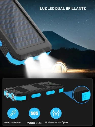 Vista 3 de Cargador solar, 38800 mAh, banco de energía solar, batería externa impermeable de respaldo con entrada/salida USB C/linternas LED compatible