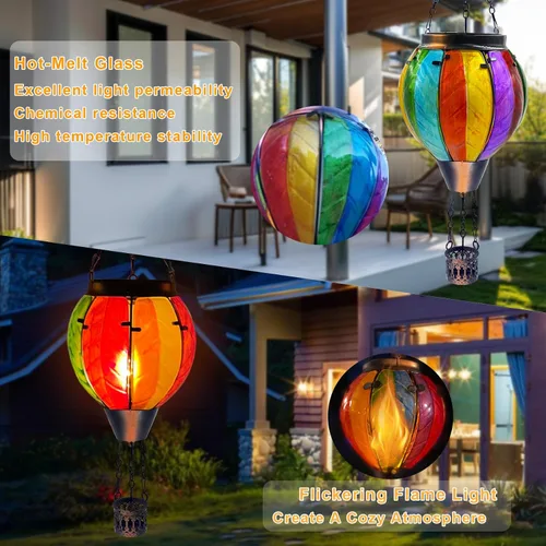 Vista 2 de Linterna solar colorida con globo de aire caliente con luz de llama parpadeante, faroles solares colgantes de vidrio, faroles solares