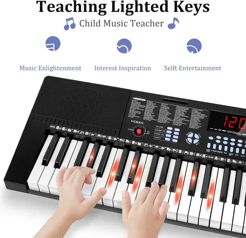 Vista 3 de Vangoa Piano de teclado iluminado de 61 teclas para principiantes, 350 tonos y timbres, 3 modos de enseñanza, con micrófono, negro