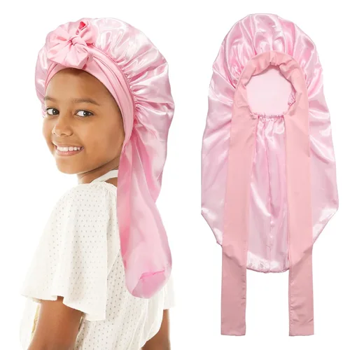 Vista 8 de Gorro de pelo largo para niños para dormir - Gorro de satén elástico de doble capa para niñas con banda de amarre para cabello trenzado y rizado