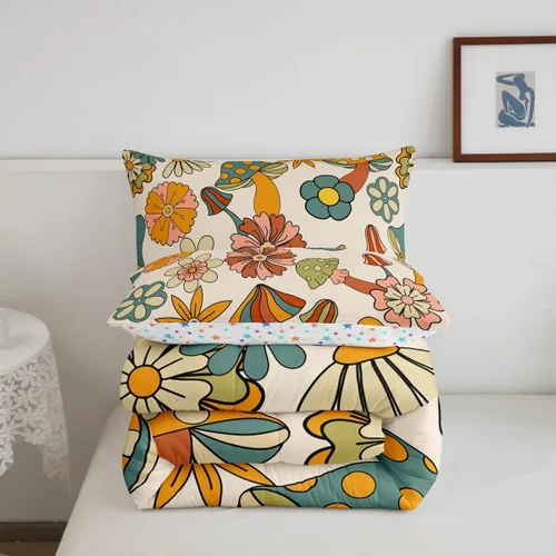 Vista 6 de Feelyou Juego de edredón retro de flores hippie para niñas y niños, tamaño individual, bonito edredón decorativo de hongos para habitación, 60S