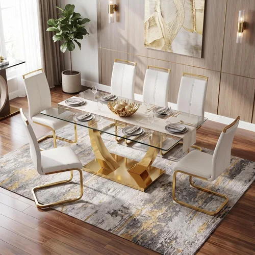 Vista 26 de Juego de mesa de comedor blanca para 6, 71 pulgadas, juego de mesa de comedor de mármol sintético para 6 Modern Dining Table Set for 6, Black PU