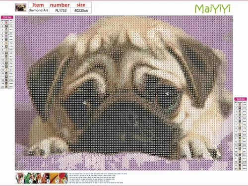 Vista 2 de MaiYiYi Pintura de diamantes de carlino por números, kit de arte de diamante de carlino redondo completo 5D, pintura de diamante de cara de perro