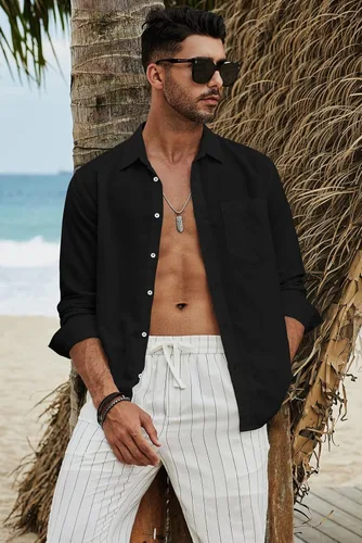 Vista 4 de JMIERR Camisa de vestir de manga larga con botones y lino de algodón para hombre