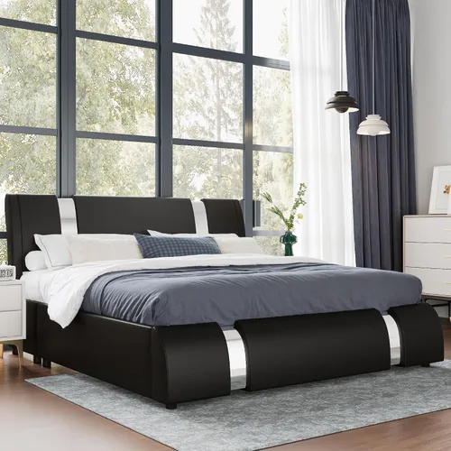 Vista 3 de WEEWAY Base de cama tamaño Queen con decoración moderna de piezas de hierro, cama de plataforma de piel sintética con cabecera ajustable curvada