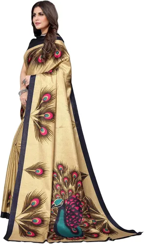 Vista 3 de Mithila Root Sari de seda con estampado de pavo real indio para mujer, estilo casual, con blusa sin coser