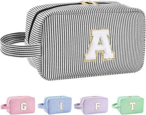 Vista 96 de Bolsa de maquillaje personalizada con inicial A-Z para mujeres, niñas y niños, bolsa de aseo de viaje, bolsa de maquillaje preparada, bolsa