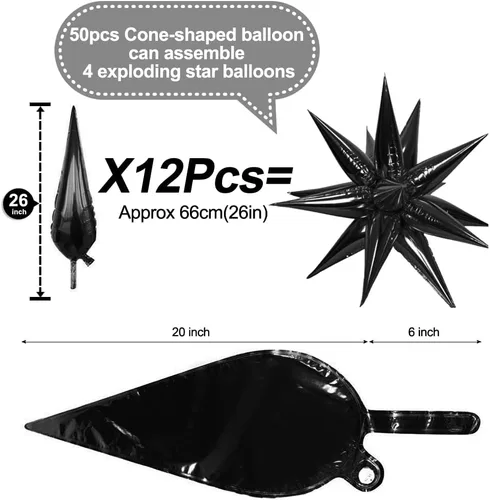 Vista 2 de 50 globos de aluminio negro con forma de cono de estrella grande de 26 pulgadas, globos de Mylar de estrella de explosión negra de 12 puntos 3D