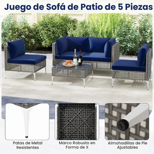 Vista 5 de Tangkula Juego de muebles de exterior de 5 piezas, juego de sofá modular acolchado de mimbre resistente con mesa de café de vidrio templado