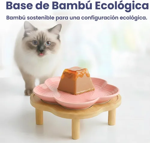 Vista 3 de PawsPik Plato de cerámica para gatos con soporte de bambú elevado, color Rosa