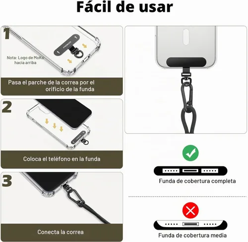 Vista 5 de MoKo Arnés de correa universal para teléfono, correa elástica antirrobo anticaída para teléfono con clip de mosquetón, Negro