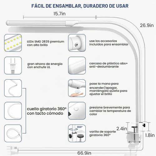 Vista 6 de MY BEAUTY LIGHT Lámpara de escritorio LED inteligente con abrazadera, luz de escritorio con sensor de onda de mano, 2700-6500K 5 temperaturas
