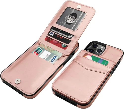 Vista 9 de KIHUWEY - Funda tipo cartera para iPhone 12 Pro Max, soporte para tarjetas, color negro Ranuras para tarjetas de crédito, piel sintética, cierre