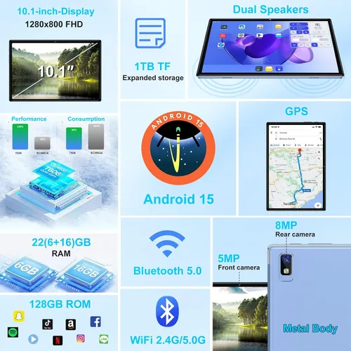 Vista 6 de Tablet Android 15 2025, tabletas Octa-Core de 10 Pulgadas 22 GB+128 GB+1 TB expandible, tableta electrónica 2 en 1 con teclado y ratón, batería