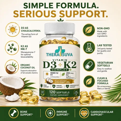Vista 6 de TheraSuva Vitamina D3 + K2 con aceite de coco orgánico, 120 cápsulas
