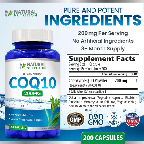 Vista 5 de Generic Vitamina natural Coq10 200 mg, 200 cápsulas, absorción rápida, sin gluten y sin OMG
