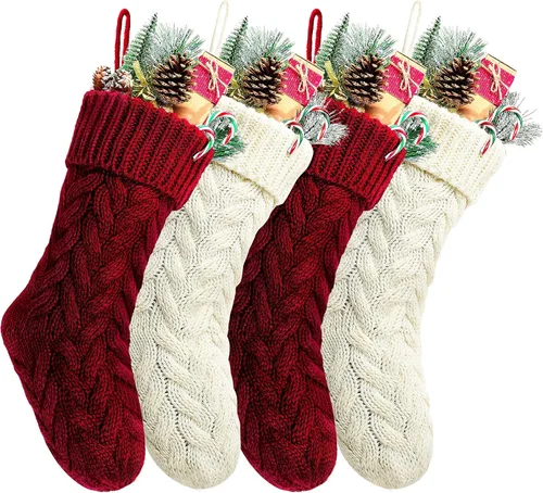 Vista 18 de Medias de Navidad, 18 pulgadas, calcetines de punto trenzado azul para decoración de Navidad, paquete de 4