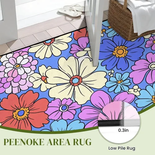 Vista 4 de Alfombra colorida estilo retro de los años 60 y 70 dibujada a mano, floral, lila, púrpura, flores, alfombra de juego para exteriores, alfombra
