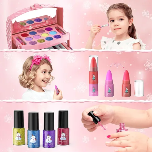 Vista 4 de GirlsHome Set de maquillaje para niñas de 56 piezas, lavable, cosméticos reales no tóxicos, juguetes de Frozen, kit de maquillaje para niñas