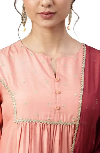 Vista 7 de Janasya Indian Peach Poly Silk Kurta sólido con pantalón y Dupatta para mujer