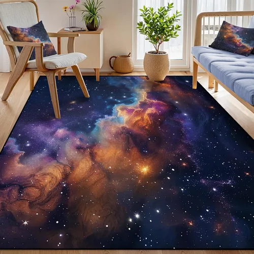 Vista 32 de Alfombra galaxia de 2 x 3 pies para habitación de niños, alfombra de cielo estrellado de pelo bajo, antideslizante, lavable, alfombra nebulosa