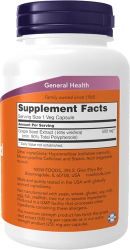 Vista 2 de Now Supplements, extracto de semilla de uva, fuerza máxima 500 mg (un extracto altamente concentrado con un mínimo de 90% de polifenoles), 90