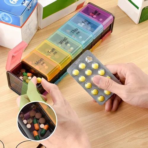 Vista 7 de Organizador de pastillas semanal extra grande, pastillero AM/PM de 7 días con compartimento XXL para aceites de pescado, organizador de medicamentos