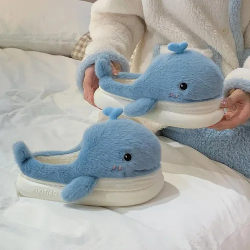 Vista 5 de XIXITIAO Lindas pantuflas de animales, pantuflas de ballena Kawaii de dibujos animados, zapatos de casa de felpa para mujeres y hombres, pantuflas