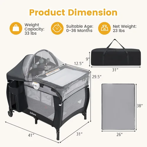 Vista 6 de INFANS 4 en 1 Pack and Play, corralito portátil de viaje para bebé con moisés, cambiador, toldo, mosquitera, juguetes colgantes, caja de música