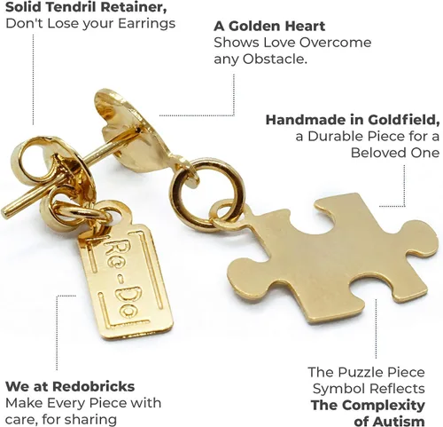 Vista 7 de Re-Do Bricks - Aretes chapados en oro para concientización sobre el autismo, gran regalo, hermoso colgante colgante, hecho a mano en Estados Unidos.